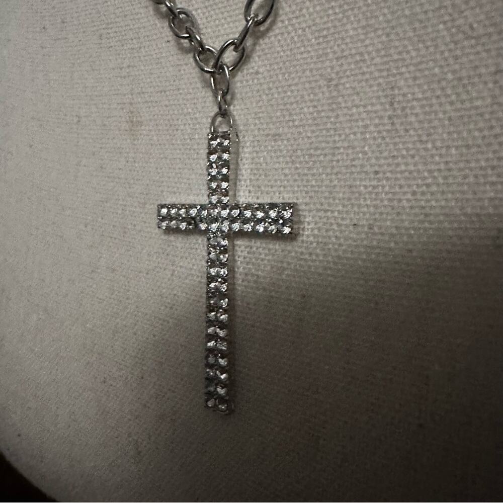 Silver Rhinestone Bling Cross Crucifix Pendant Necklace Icing